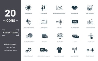 Reklam seti simgeleri koleksiyonu. Focus Group, Client Brief, Marketing Monitoring, Partnership, Web Analytics, Branding ve Billboards premium simgeleri gibi basit öğeleri içerir