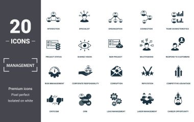 Yönetim simgeleri koleksiyonu ayarlar. Etkileşim, Uzman, Organizasyon, Bağlantı, Takım Özellikleri, Kurumsal Sorumluluk ve Yolsuzluk prim ikonları gibi basit öğeleri içerir