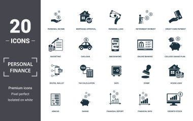 Kişisel Finans simgeleri koleksiyonu ayarlar. Kişisel Gelir, Mortgage Onayı, Bireysel Kredi, Emeklilik Ödemesi, Kredi Kartı Ödeme, Vergi Hesaplama ve Kasa gibi basit unsurları içerir