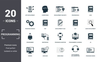 Program simgesi ayarlandı. Düz kodlama, php, programlama öğrenimi, uygulama geliştirme, js, program algoritması, program hata simgeleri içerir. Düzenlenebilir biçim