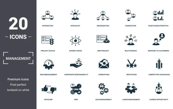 管理アイコンセットコレクション。インタラクション、スペシャリスト、組織、コネクション、チーム特性、企業責任、腐敗プレミアムアイコンなどのシンプルな要素が含まれています — ストック写真