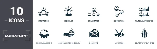 Management-Symbole setzen Sammlung. umfasst einfache Elemente wie Interaktion, Spezialist, Organisation, Verbindung, Teammerkmale, Corporate Responsibility und Korruptionsprämiensymbole — Stockfoto