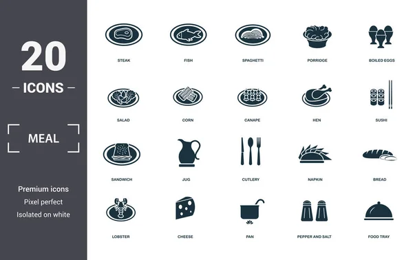Meal icons set collection. Includes simple elements such as Steak, Fish, Spaghetti, Porridge, Boiled Eggs, Jug and Cutlery premium icons. — Stock Photo, Image
