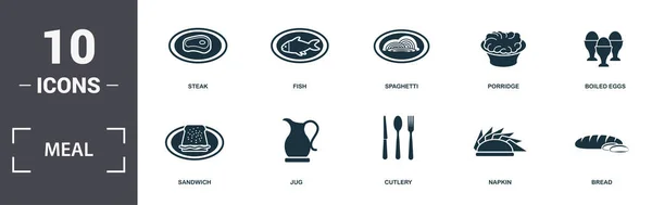 Conjunto de iconos de comida colección. Incluye elementos simples como filete, pescado, espaguetis, gachas, huevos hervidos, jarra y cubiertos iconos premium . — Foto de Stock