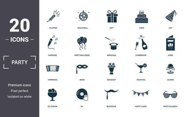 Icono de fiesta iconos conjunto de colección. Incluye elementos simples como Flapper With Confetti, Disco Ball, Gift, Cake, Cap, Mask y Bouquet iconos premium — Foto de Stock