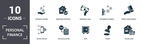 Icônes Finances personnelles ensemble collection. Comprend des éléments simples tels que le revenu personnel, l'approbation hypothécaire, le prêt personnel, le paiement de retraite, le paiement par carte de crédit, le calcul de l'impôt et le coffre-fort — Photo