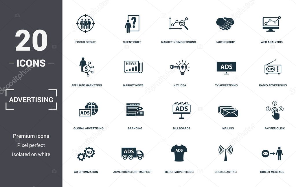 Advertising set icons collection. Includes simple elements such as Focus Group, Client Brief, Marketing Monitoring, Partnership, Web Analytics, Branding and Billboards premium icons