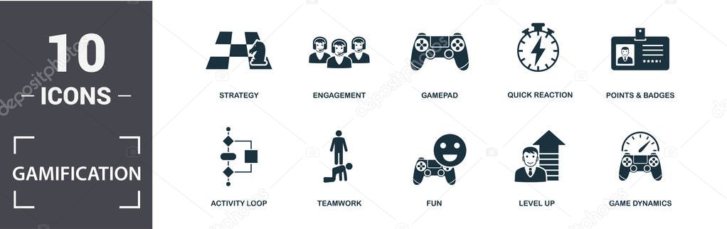 Gamification icon set. Contain filled flat game dynamics, engagement, gamepad, points and badges, activity loop, fun, teamwork, strategy icons. Editable format