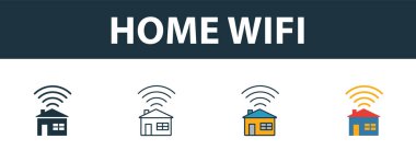 Ev sahibi Wifi simgesi seti. Simge koleksiyonundan farklı şekillerde dört basit sembol. Yaratıcı ev Wi-Fi simgeleri doldurulmuş, ana hatlar, renkli ve düz semboller