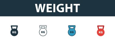 Ağırlık simgesi ayarlandı. Spor aletleri ikonları koleksiyonundan farklı şekillerde dört basit sembol. Yaratıcı ağırlık simgeleri doldurulmuş, ana hatlar, renkli ve düz semboller