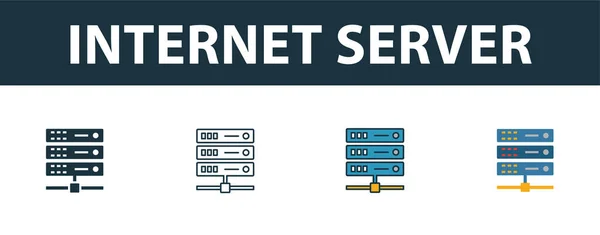 Набор значков Internet Server. Четыре простых символа в разных стилях от коллекции иконок. Креативный интернет-сервер заполнен, очерчен, раскрашен и плоский — стоковый вектор