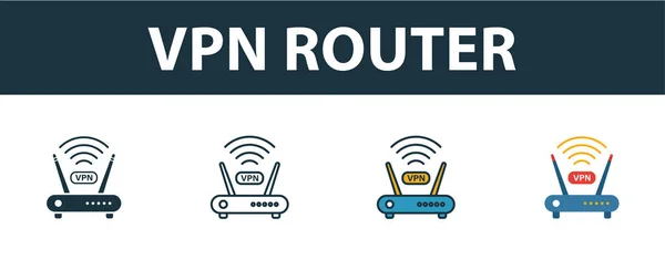 Set ikon Vpn Router. Empat simbol sederhana dalam gaya berbeda dari koleksi ikon. Ikon router vpn kreatif diisi, garis luar, simbol berwarna dan datar - Stok Vektor