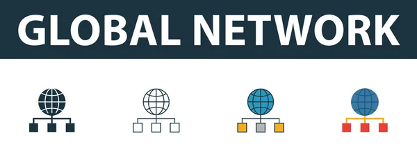 Global Ağ simgesi seti. Web geliştirme ikonları koleksiyonundan farklı stillerde dört basit sembol. Yaratıcı küresel ağ simgeleri doldurulmuş, ana hatlar, renkli ve düz semboller — Stok Vektör