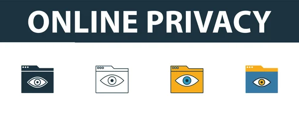 Online Privacy icoon set. Vier eenvoudige symbolen in verschillende stijlen van web development pictogrammen collectie. Creatieve online privacy pictogrammen gevuld, omtrek, gekleurde en platte symbolen — Stockvector