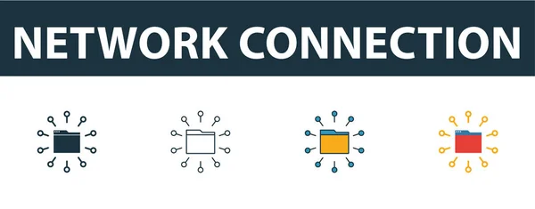 Set di icone Connessione di rete. Quattro semplici simboli in stili diversi dalla collezione di icone di sviluppo web. Icone di connessione di rete creative riempite, contorno, simboli colorati e piatti — Vettoriale Stock