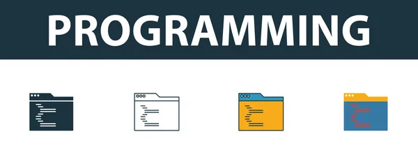 Programmiersymbole gesetzt. vier einfache Symbole in unterschiedlichen Stilen aus der Sammlung von Webentwicklungs-Symbolen. Kreative Programmiersymbole gefüllt, Umrisse, farbige und flache Symbole — Stockvektor