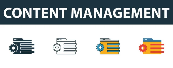 Content Management icoon set. Vier eenvoudige symbolen in verschillende stijlen van web development pictogrammen collectie. Creatief content management pictogrammen gevuld, omtrek, gekleurde en platte symbolen — Stockvector