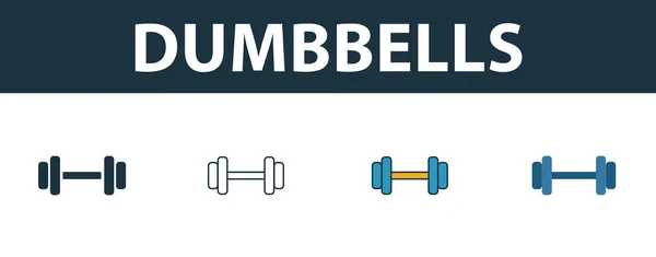 Dumbbells icon set. Four simple symbols in diferent styles from sport equipment icons collection. Creative dumbbells icons filled, outline, colored and flat symbols — 스톡 벡터
