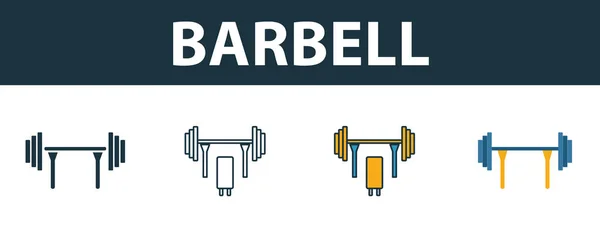 Ícone de barra definido. Quatro símbolos simples em estilos diferentes da coleção de ícones de equipamentos esportivos. Ícones de barbell criativos preenchidos, esboço, símbolos coloridos e planos — Vetor de Stock