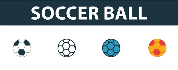 Fußball-Ikone gesetzt. vier einfache Symbole in unterschiedlichen Stilen aus der Sammlung von Sportgeräten-Symbolen. Kreative Fußballsymbole gefüllt, umrissen, farbig und flach — Stockvektor