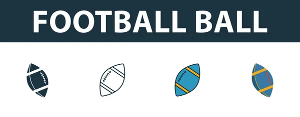 Ensemble d'icône de ballon de football. Quatre symboles simples dans des styles différents de la collection d'icônes d'équipement sportif. Icônes de ballon de football créatif remplis, contour, symboles colorés et plats — Image vectorielle