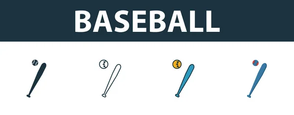 Juego de iconos de béisbol. Cuatro símbolos simples en diferentes estilos de la colección de iconos de equipos deportivos. Iconos de béisbol creativos rellenos, contorno, símbolos de colores y planos — Vector de stock