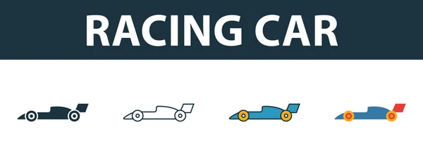 Racing Car icon set. Four simple symbols in diferent styles from sport equipment icons collection. Creative racing car icons filled, outline, colored and flat symbols — Stock Vector