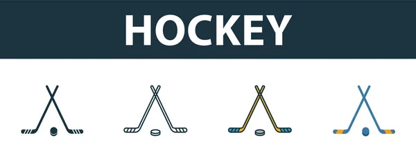 Набір піктограм хокею. Чотири прості символи в різних стилях зі збірки піктограм спортивного обладнання. Креативні хокейні піктограми заповнені, контурні, кольорові та плоскі символи — стоковий вектор