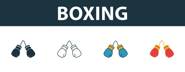ボクシングのアイコンセット。スポーツ機器のアイコンコレクションから異なるスタイルの4つのシンプルなシンボル。クリエイティブボクシングのアイコンがいっぱい、アウトライン、色とフラットシンボル — ストックベクタ