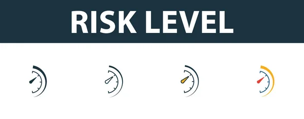 Set de iconos de nivel de riesgo. Cuatro símbolos simples en estilos diferentes de la colección de iconos de gestión de riesgos. Iconos de nivel de riesgo creativo rellenos, contorno, símbolos de colores y planos — Archivo Imágenes Vectoriales