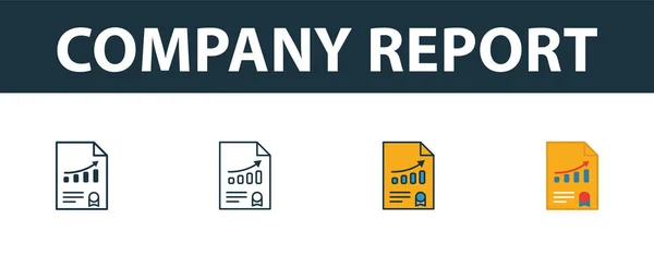 Conjunto de iconos de Company Report. Cuatro símbolos simples en estilos diferentes de la colección de iconos de gestión de riesgos. Compañía creativa reportar iconos llenos, contorno, símbolos de colores y planos — Archivo Imágenes Vectoriales