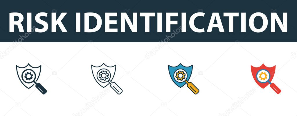 Risk Identification icon set. Four elements in diferent styles from risk management icons collection. Creative risk identification icons filled, outline, colored and flat symbols.
