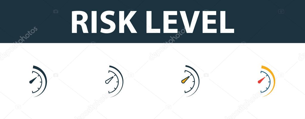 Risk Level icon set. Four elements in diferent styles from risk management icons collection. Creative risk level icons filled, outline, colored and flat symbols.