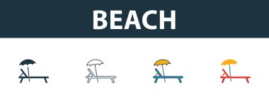 Güneş yatağı ikonu seti. Seyahat ikonları koleksiyonundan farklı şekillerde dört basit sembol. Yaratıcı güneş yatağı simgeleri doldurulmuş, ana hatları çizilmiş, renkli ve düz semboller