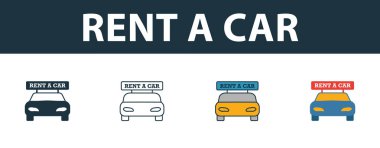 Araba kiralama ikonu seti. Seyahat ikonları koleksiyonundan farklı şekillerde dört basit sembol. Yaratıcı bir kiralık araba simgeleri doldurulmuş, ana hatlar, renkli ve düz semboller