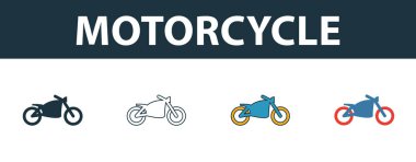 Motosiklet ikonu seti. Ulaşım simgeleri koleksiyonundan farklı şekillerde dört basit sembol. Yaratıcı motosiklet simgeleri doldurulmuş, ana hatlar, renkli ve düz semboller