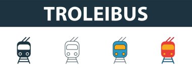 Troleibus simgesi seti. Ulaşım simgeleri koleksiyonundan farklı şekillerde dört basit sembol. Yaratıcı troleibus simgeleri doldurulmuş, ana hatlar, renkli ve düz semboller