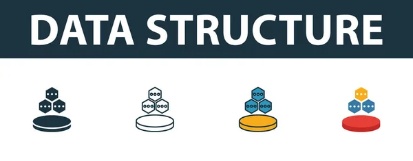 Conjunto de ícones de estrutura de dados. Quatro símbolos simples em estilos diferentes da coleção de ícones de hospedagem web. Ícones de estrutura de dados criativos preenchidos, esboço, símbolos coloridos e planos — Vetor de Stock