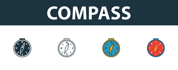 Kompass ikon set. Fyra enkla symboler i olika stilar från resor ikoner samling. Kreativ kompass ikoner fyllda, kontur, färgade och platta symboler — Stock vektor