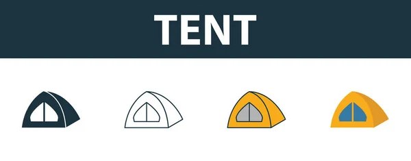 Ensemble d'icônes de tente. Quatre symboles simples dans des styles différents de la collection d'icônes de voyage. Icônes de tente créatives remplies, contour, symboles colorés et plats — Image vectorielle