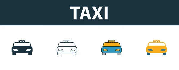 Ensemble d'icône de taxi. Quatre symboles simples dans des styles différents de la collection d'icônes de voyage. Icônes de taxi créatifs remplis, contour, symboles colorés et plats — Image vectorielle