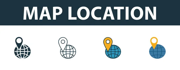 Map Location icon set. Four simple symbols in diferent styles from travel icons collection. Creative map location icons filled, outline, colored and flat symbols — 스톡 벡터