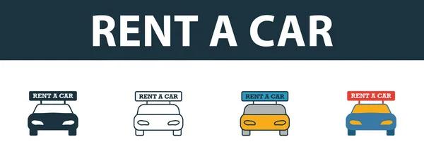 Mieten Sie ein Auto-Icon-Set. vier einfache Symbole in unterschiedlichen Stilen aus der Sammlung von Reisesymbolen. Creative Rent a Car Icons gefüllt, Umrisse, farbige und flache Symbole — Stockvektor