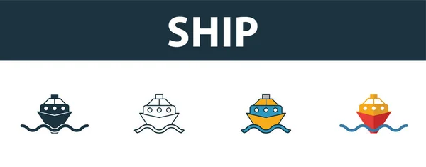 Набор иконок корабля. Четыре простых символа в разных стилях из коллекции транспортных иконок. Иконки креативных кораблей, наброски, цветные и плоские символы — стоковый вектор