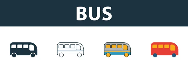 Bus-Symbol gesetzt. vier einfache Symbole in unterschiedlichen Stilen aus der Sammlung von Transportsymbolen. Kreative Bussymbole gefüllt, Umrisse, farbige und flache Symbole — Stockvektor