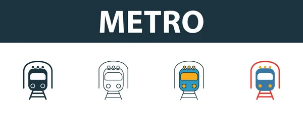 地下鉄のアイコンセット。輸送アイコンコレクションとは異なるスタイルの4つのシンプルなシンボル。創造的な地下鉄のアイコンが記入され、アウトライン、色とフラットシンボル — ストックベクタ