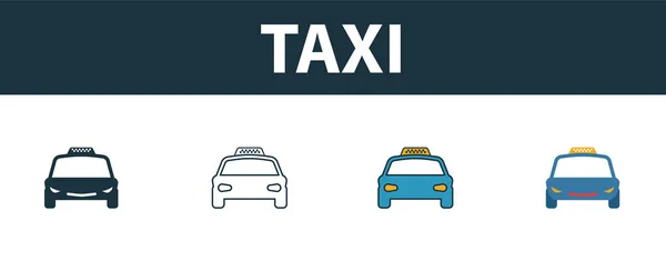 タクシーアイコンセット。輸送アイコンコレクションとは異なるスタイルの4つのシンプルなシンボル。クリエイティブタクシーのアイコン、アウトライン、色、フラットシンボル — ストックベクタ