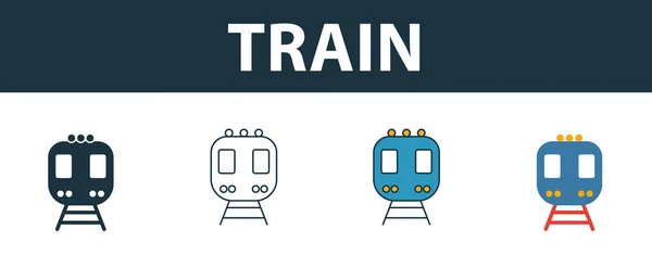 Набор значков поезда. Четыре простых символа в разных стилях из коллекции транспортных иконок. Иконки креативных поездов, наброски, цветные и плоские символы — стоковый вектор