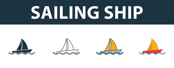 Vitorlás hajó ikon készlet. Négy egyszerű szimbólum különböző stílusban a közlekedési ikonok gyűjteményétől. Kreatív vitorlás hajó ikonok töltött, körvonalazott, színes és lapos szimbólumok — Stock Vector