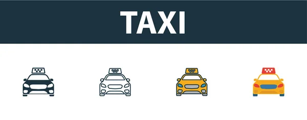 タクシーアイコンセット。観光アイコンコレクションから異なるスタイルの4つのシンプルなシンボル。クリエイティブタクシーのアイコン、アウトライン、色、フラットシンボル — ストックベクタ